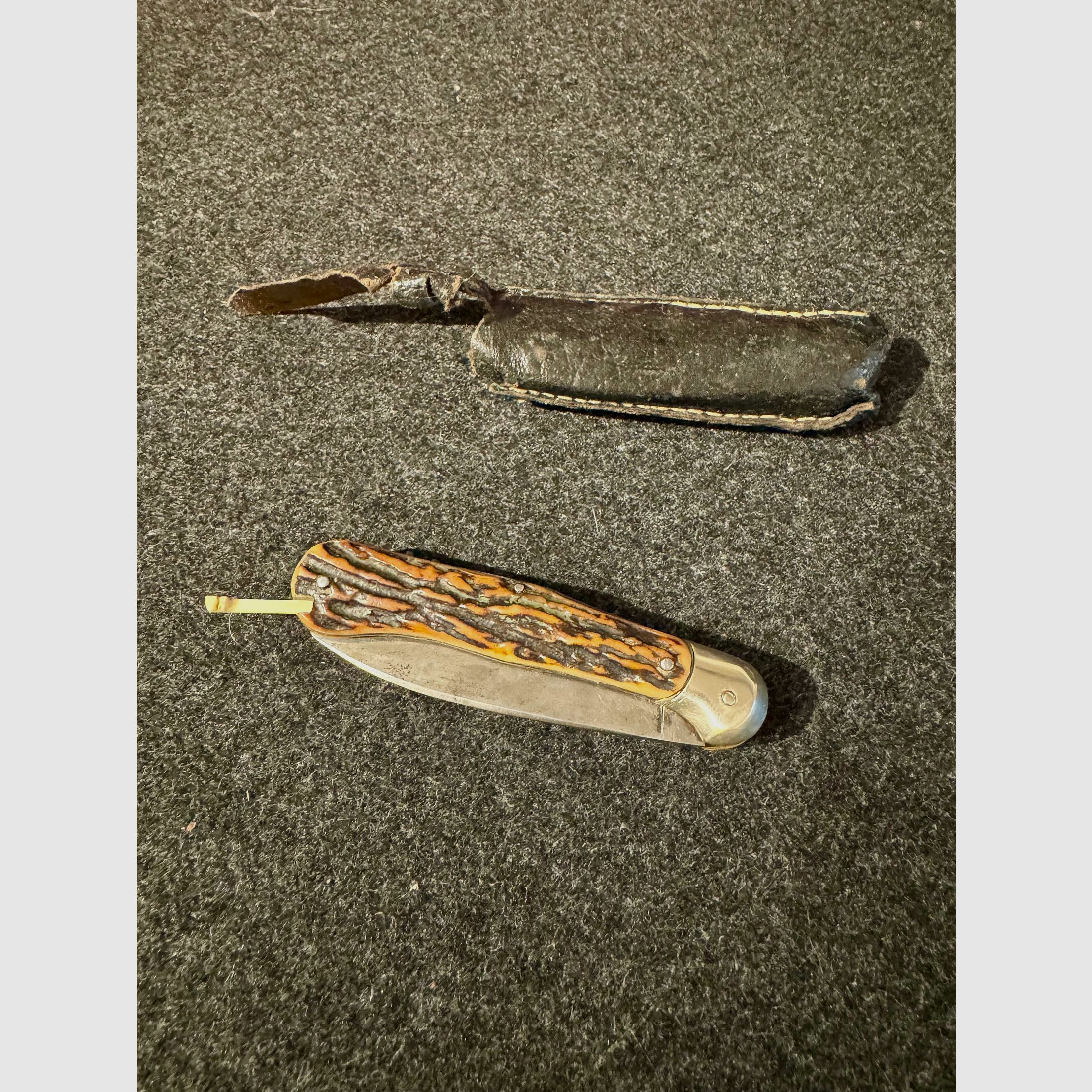 Federmesser, Hirschhorn mit Ledertasche, Taschenmesser, Jagdmesser (65)