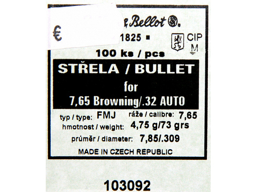 100 Stück S&B | Sellier&Bellot Geschosse #V319072 / 7,65Browning/.32Auto - .309/7,85- 73grs FMJ