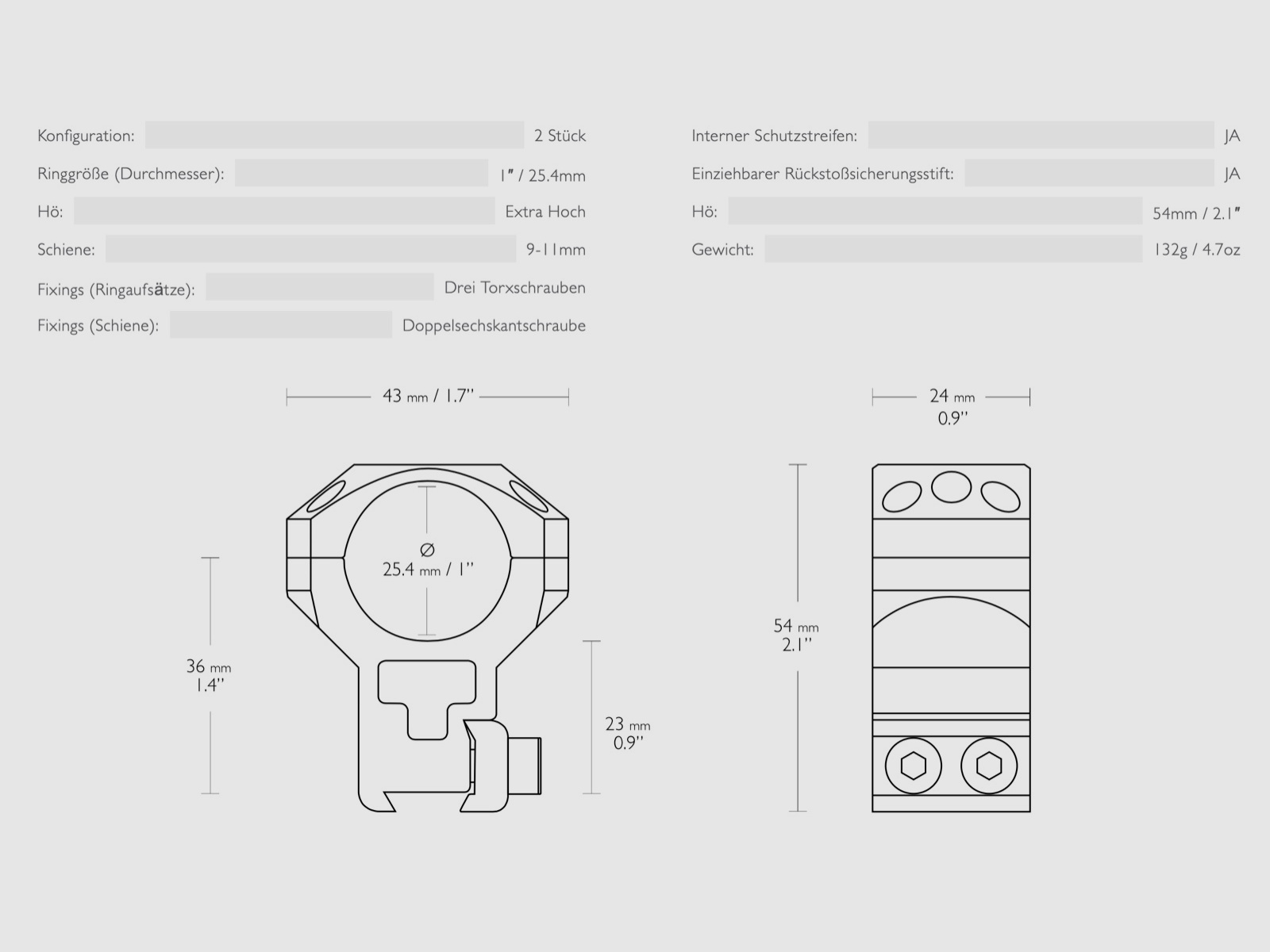 Hawke 24103 Taktische Ringmontagen 1" 2 Stück 9-11mm Extra Hoch 25,4mm
