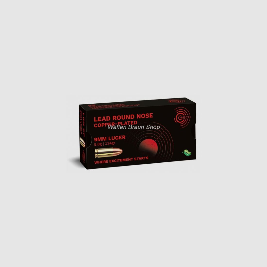 Geco 9mm Luger Blei Rundkopf verkupftert 8,0g 124 grain 50 Stück