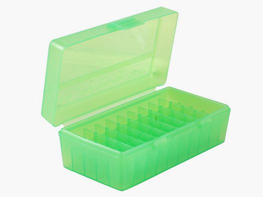 MTM scatola per cartucce P50-44-16 verde trasparente con coperchio a ribalta per 50 cartucce .44 Mag./.357 e altre.