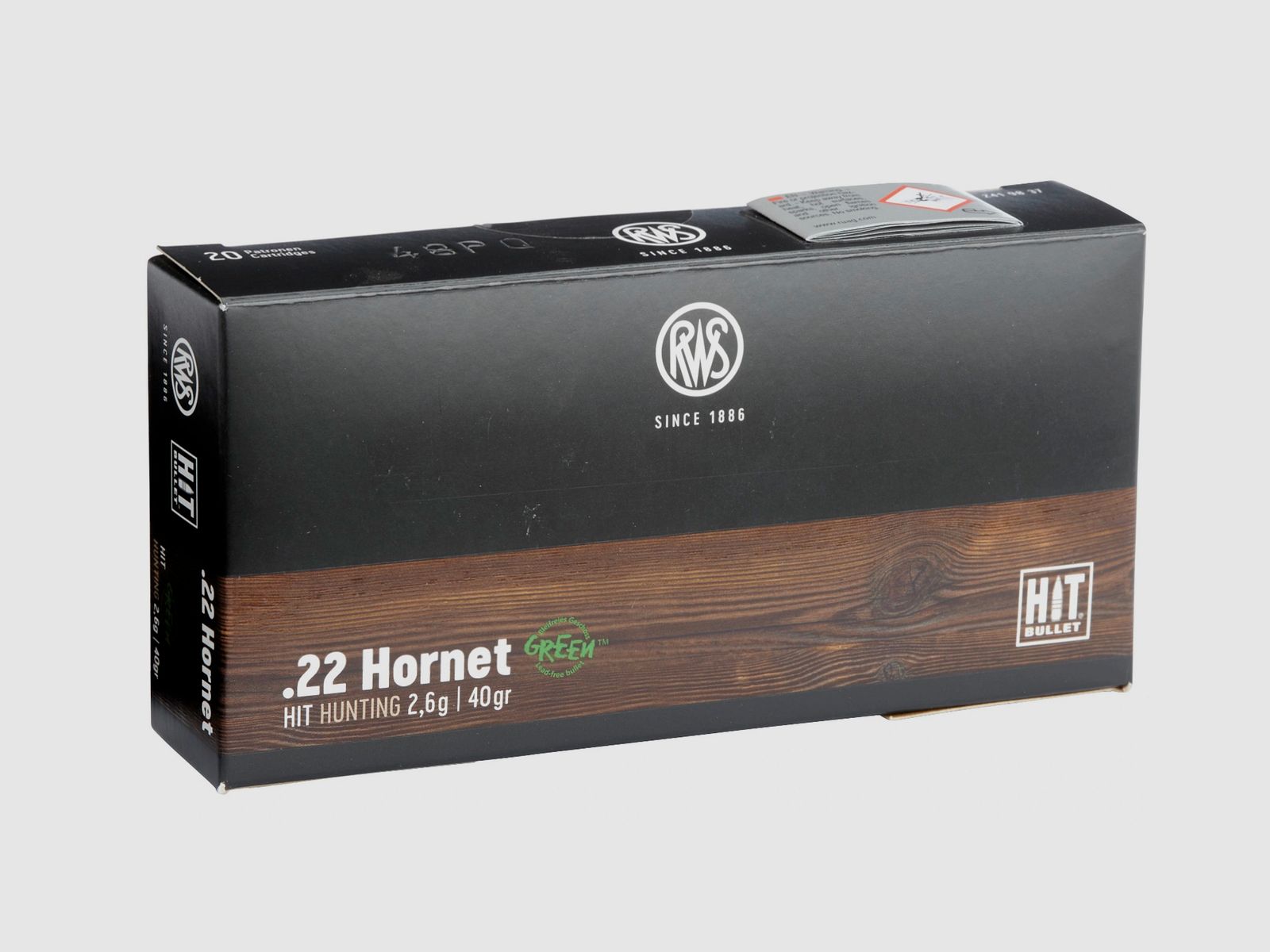 RWS 2419837 cartridges .22 Hornet HIT 2.6g. 40grs. Lead-free