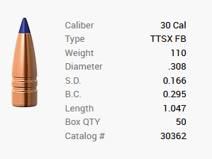 Bala Barnes .30/.308 110GR Tipped TSX FB 50 piezas