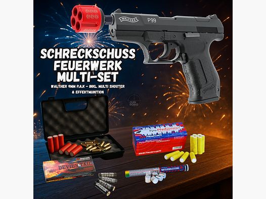 MULTI SET !!! Schreckschuss - Pistole - Walther P99 - 9 mm P.A.K. inkl. Koffer, Multi Shooter & 80 Schuss Effektmunition/ Feuerwerk