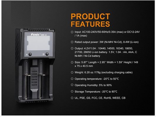 Fenix ARE-A2 Ladegerät für 18650 21700 LiIon Ni-MH