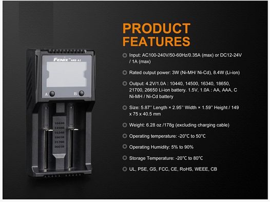 Fenix ARE-A2 charger for 18650 21700 LiIon Ni-MH