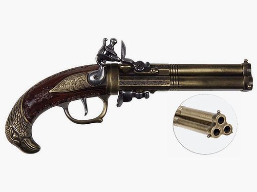 Pistola de chispa de tres cañones y cabeza de águila