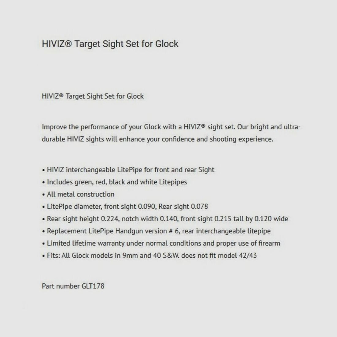 Hiviz HIVIZ Sight Set Target Fiber Glock 9mmLuger/.357SIG/.40S&W