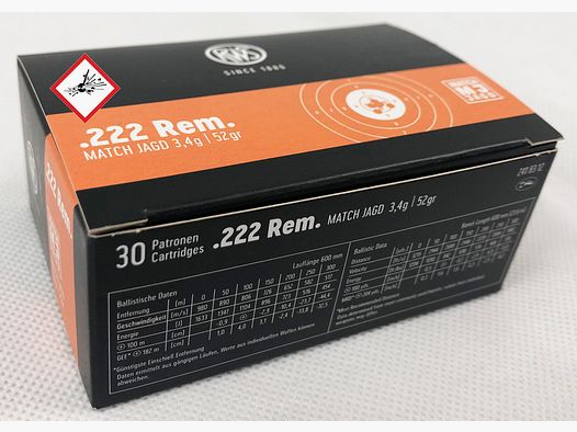 RWS cartouche de chasse cal. .222 Rem MJ 55grs