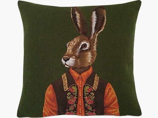 Lovergreen Kissen Motiv Kisssen bekleideter Hase mit grünem Hintergrund