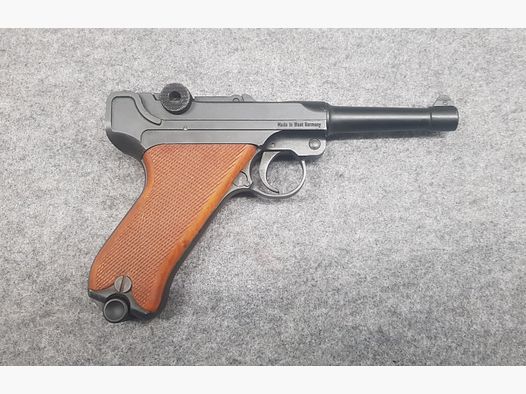 Sehr seltene Pistole PTB 517 Record Mod.  08  Cal. 8mm Knall PAK schwarz brüniert Schreckschuss P08 Holzgriffe