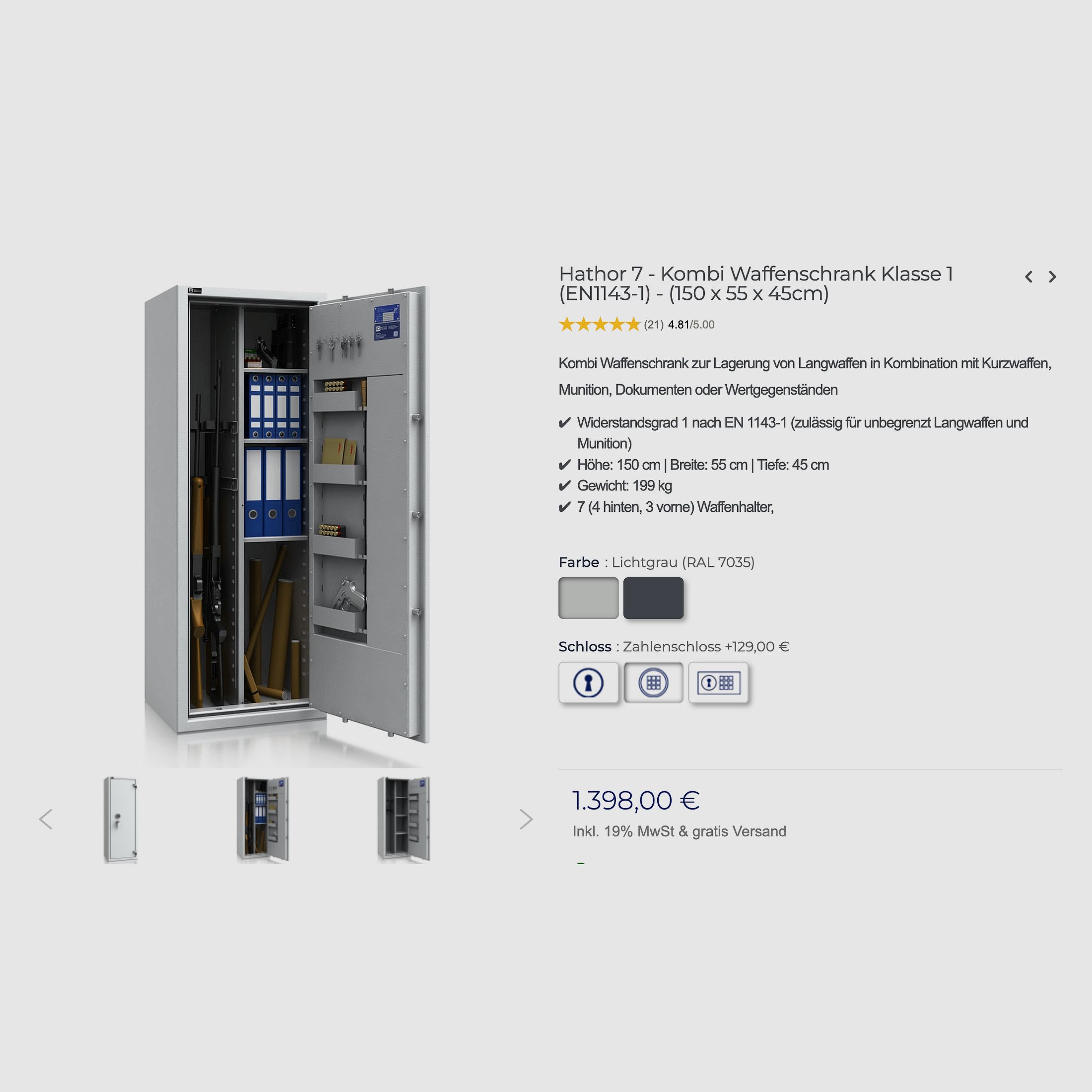 Kombi Waffenschrank Bremer Tresor Hathor 7 – Klasse 1 (EN 1143-1)