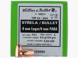 SELLIER & BELLOT GESCHOSSE - ..355 / 9MM LUGER - FMJ - 8,0 G / 124 GRS - 100 STÜCK