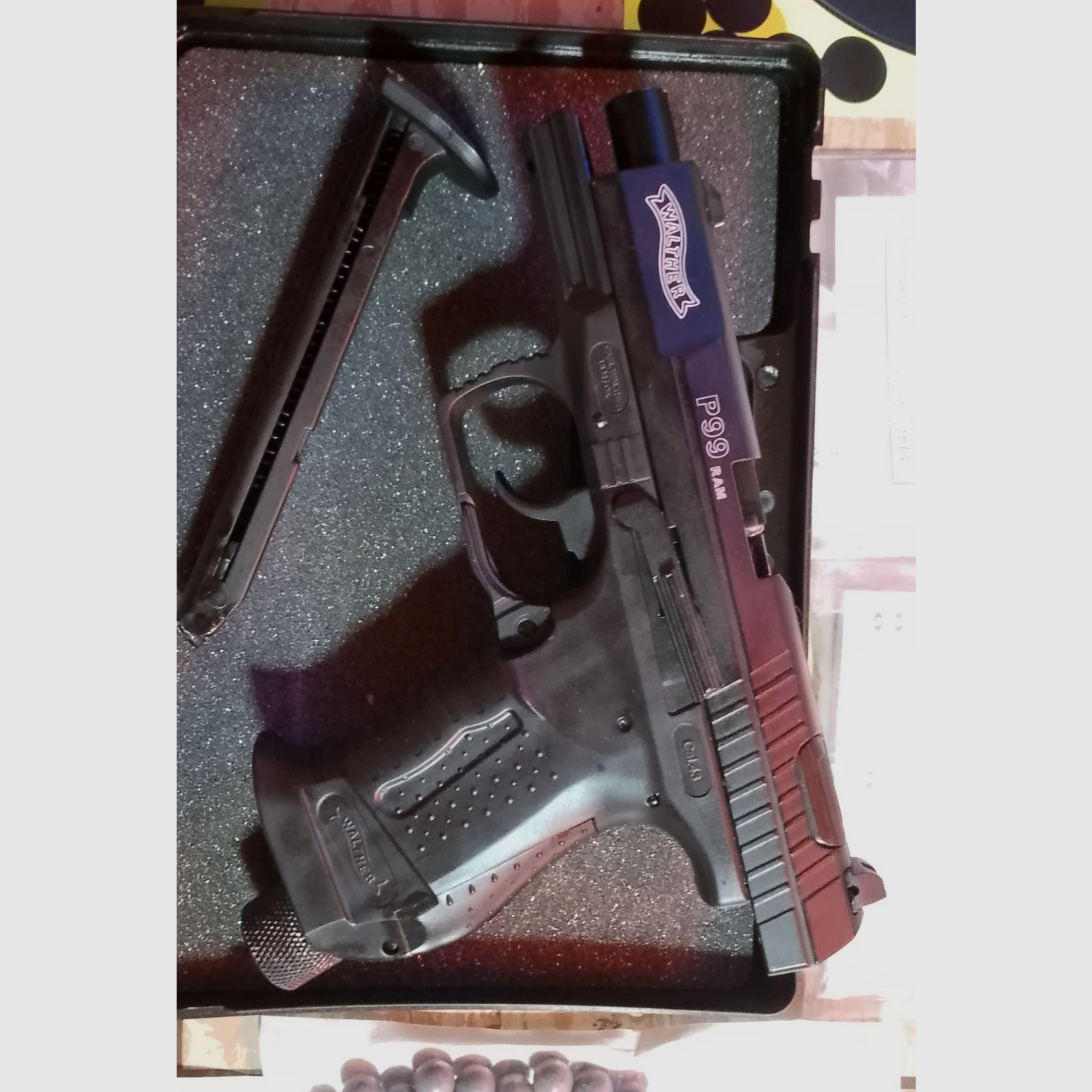 Walther P99 RAM mit Zubehör Laser Koffer Zielscheiben  Rubberballs Polyballs Set 