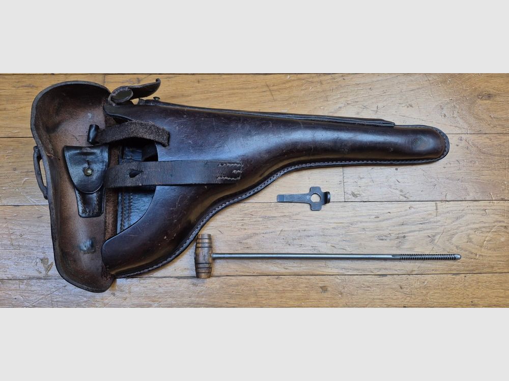 Bardzo ładne etui na pistolet Luger P08 długi zwany artyleryjskim – Wykonane przez MÜLHENFELD & CO w BARMEN w 1915 roku – Etui 1. typu w komplecie z narzędziami – Bardzo ładna skóra w TBE i miękka – Nadal brązowa (rzadka) – Nominatywne i przypisane do F.A.R 58 – Wczesny i wspaniały egzemplarz w TBE++FAR, zdjęcie 1 z 22
