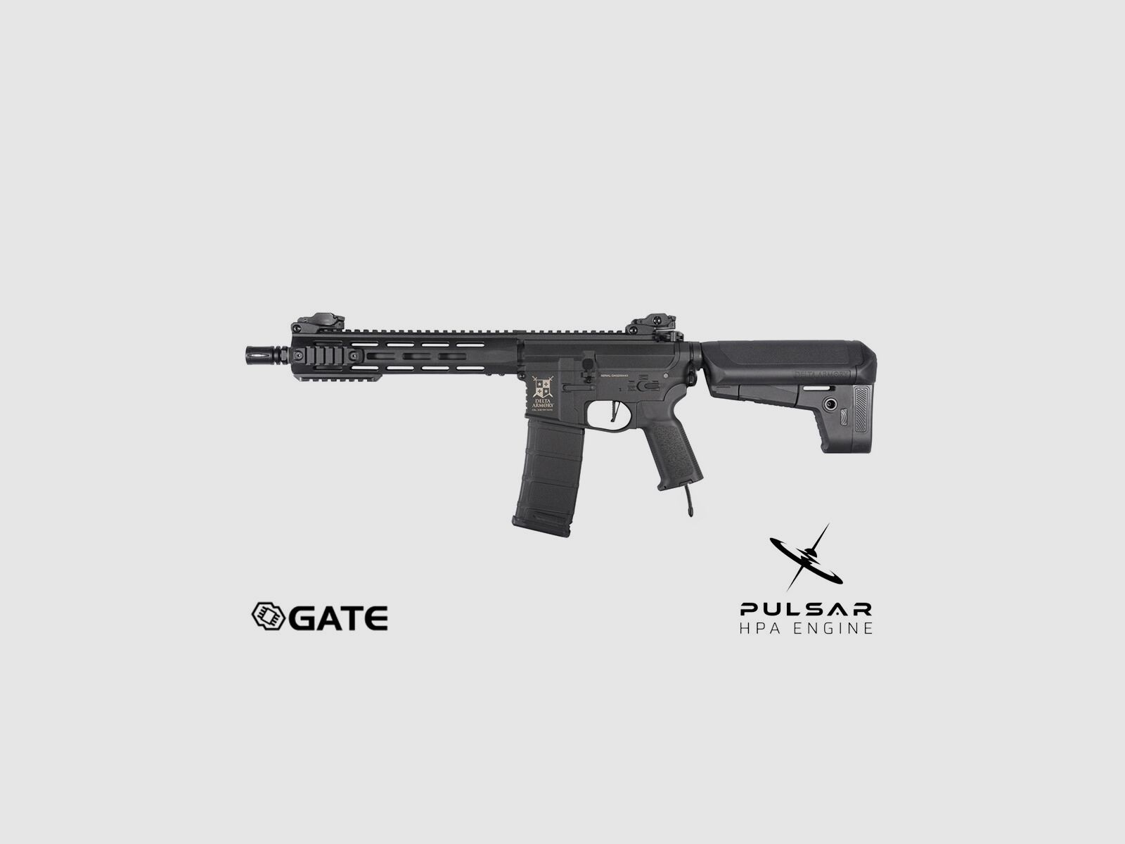 Delta Armory M4 AR15 M-LOK 10 Zoll CHARLIE GATE PULSAR HPA Airsoft Gewehr in Schwarz