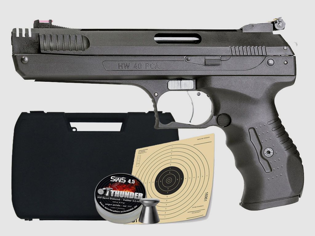 Vorkompressions Luftpistole Weihrauch HW 40 PCA Kaliber 4,5 mm (P18) + Diabolos Zielscheiben Koffer