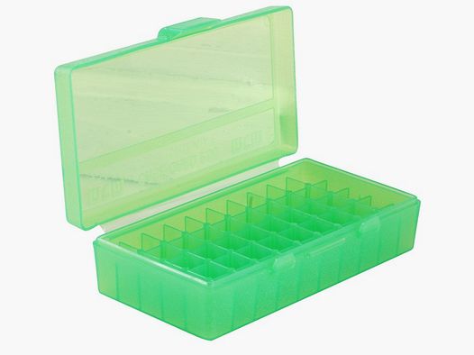 MTM scatola per cartucce P50-45-16 verde trasparente con coperchio a ribalta per 50 cartucce .45 ACP e altre.