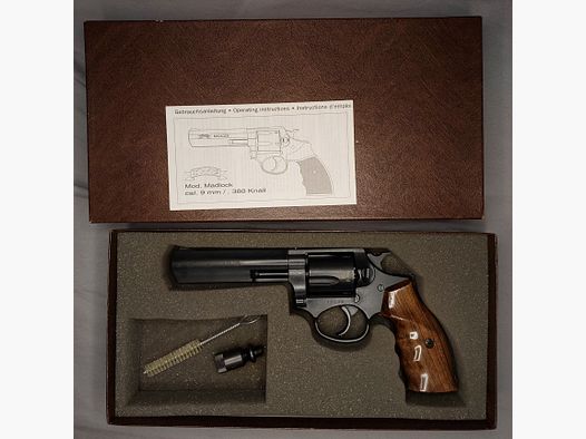 IWG Madlock Schreckschussrevolver, Kal. 9 mm R Knall (.380 Knall), PTB 721, „Made in Germany“ mit Schulterholster aus Leder