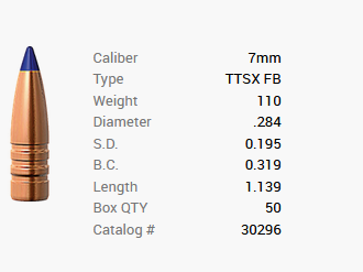 Balle Barnes 7mm/.284 110GR Tipped TSX FB 50 pièces