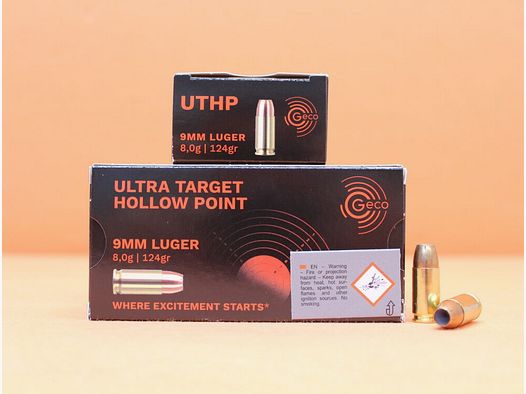 Cartucho GECO 9mm Luger GECO 124grs UTHP (2431435) Ultra Target VE 50 cartuchos/ 8,0g punta hueca