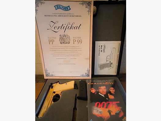 ⚠️ Achtung Sammler & James Bond Fans!! Walther PP - Limit Sonderedition - James Bond - Gold mit Weißen Griffschalen & Zertifikat sowie VHS Kassette sowie zusätzlichen Magazin mit Flachen Magazinboden, Kaliber 9mmPAK, Ungeschossen & Optisch sowie Funktionell in einem Tadellosen top Zustand, absolut Neuwertig!! Vitrine Stück!! 