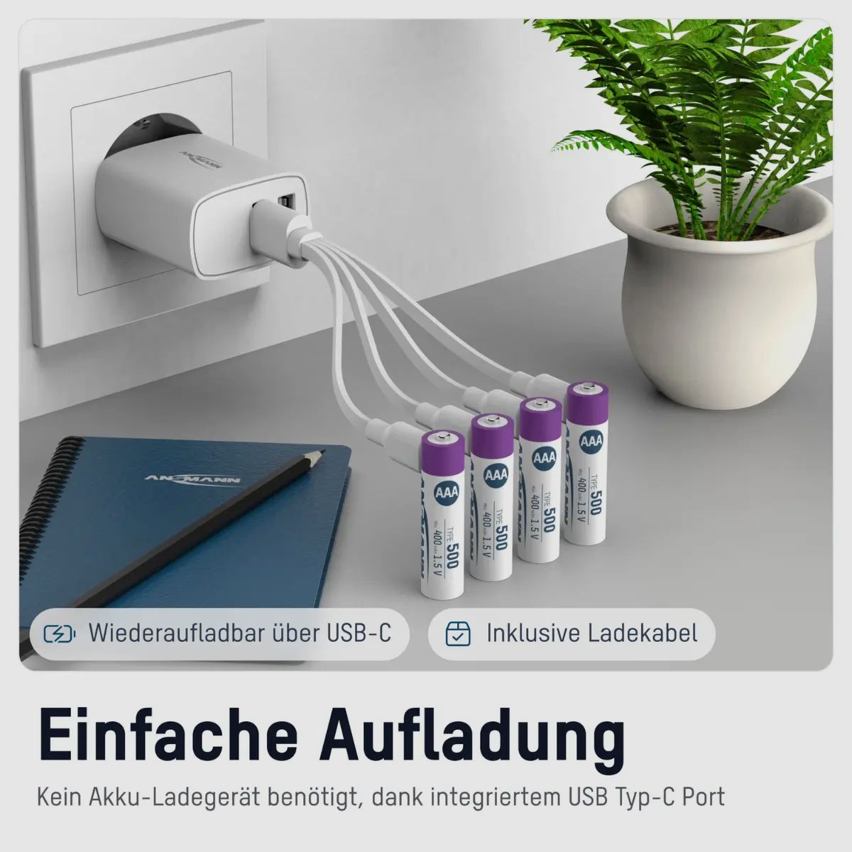 Ansmann Li-Ion Akkus AAA 4er-Pack inkl. Ladekabel