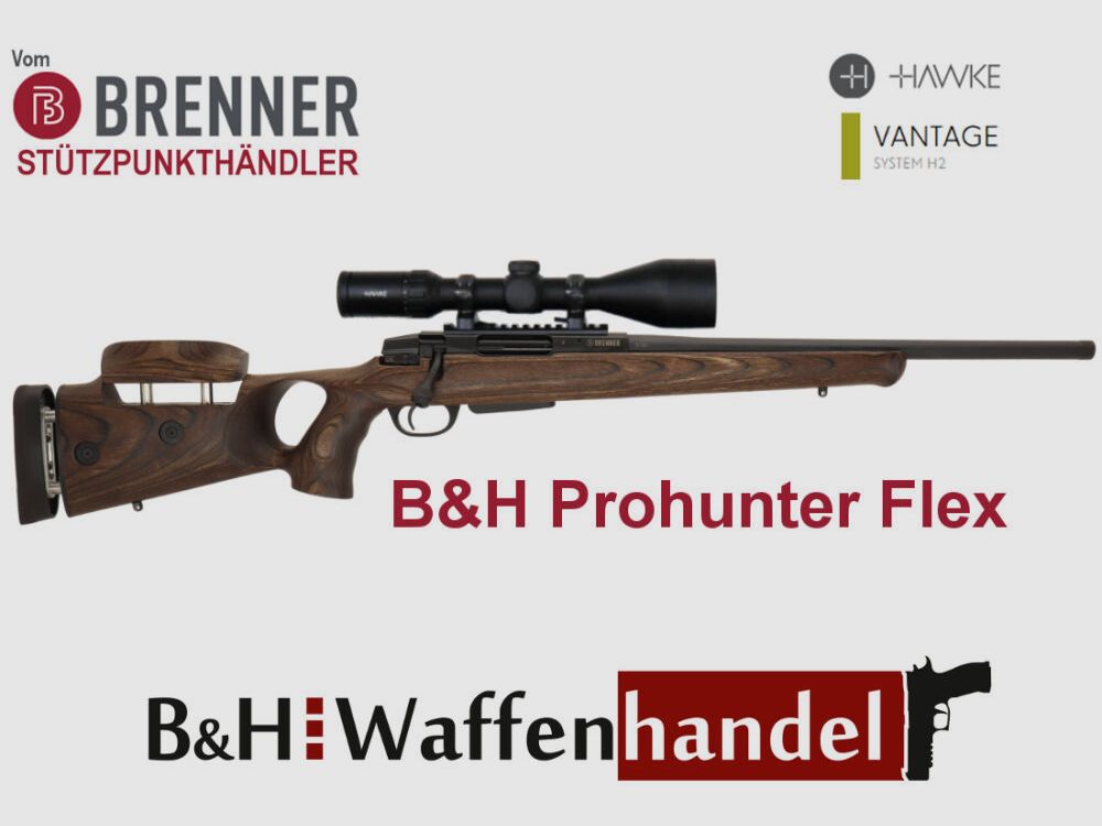 Brenner Komplettpaket: BR20 B&H Prohunter Flex Lochschaft mit Hawke 3-12x56 fertig montiert