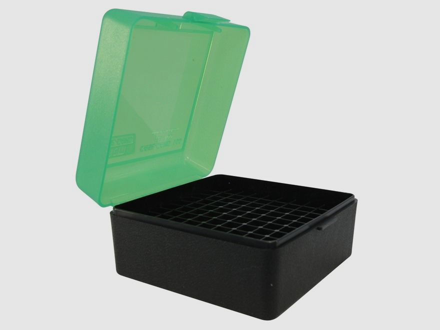 MTM scatola per cartucce RS-100-16T verde/nera con coperchio a ribalta per 100 cartucce .223 e altre.