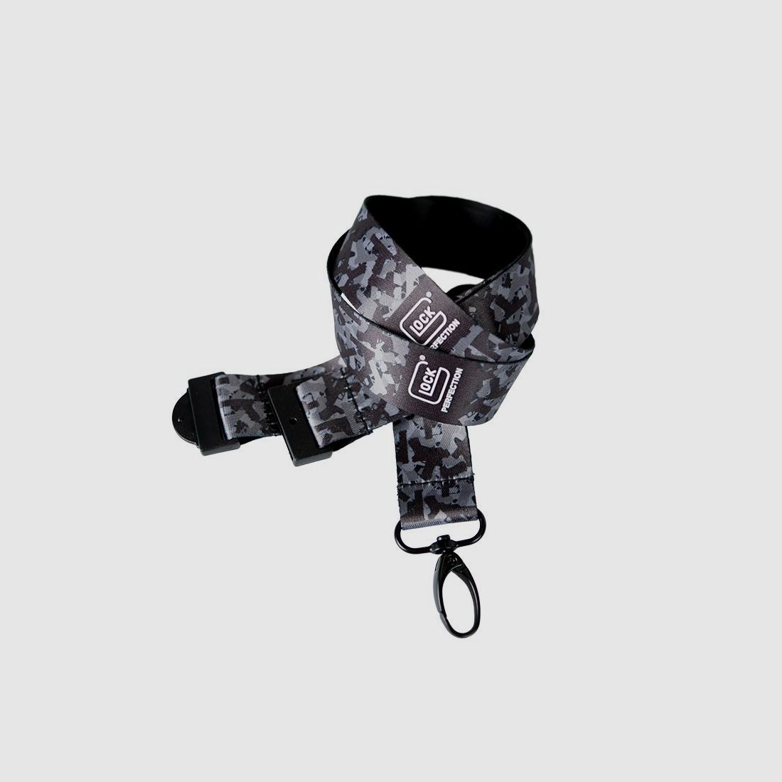 Glock Schlüsselband/Lanyard – Schwarz Pistolen-Camouflage Satin – Metall-Karabiner