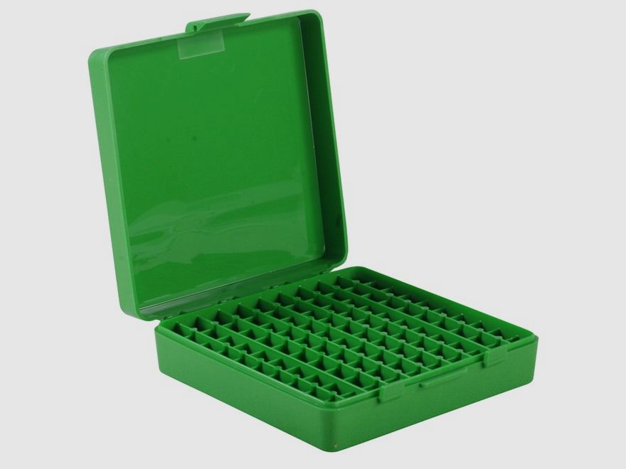 MTM scatola per cartucce P-100-9-10 verde con coperchio a ribalta per 100 cartucce 9mm e altro.