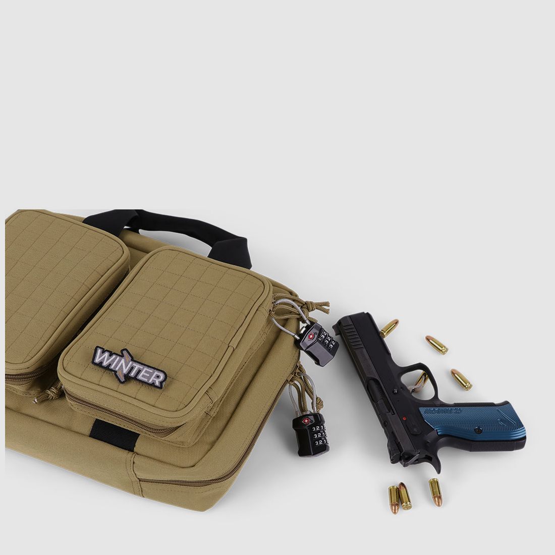 Winter Pistolentasche W8 für 2 Kurzwaffen – 8 Magazinhalter, 1000D, abschließbar (Dune)