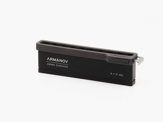 Vérificateur de munitions ARMANOV 10 coups avec couvercle de transfert rapide et vérificateur de longueur totale - 9x21 mm
