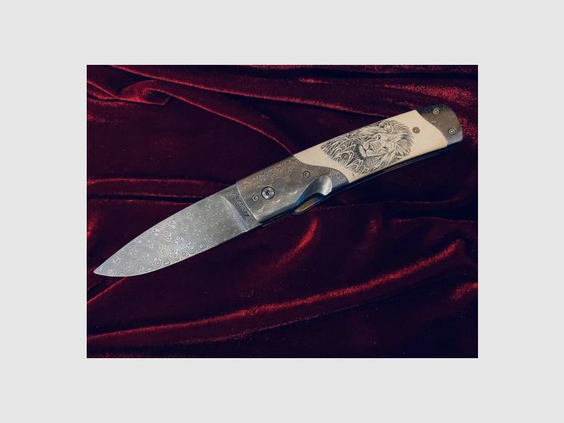 DNC Messer Lion II Mammutelfenbein, Klinge: Damast, Scrimshaw Garvur