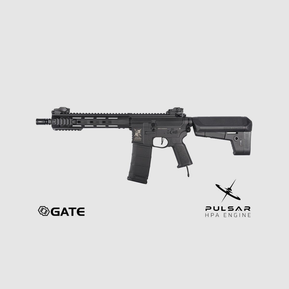 Delta Armory M4 AR15 M-LOK 10 Zoll CHARLIE GATE PULSAR HPA Airsoft Gewehr in Schwarz