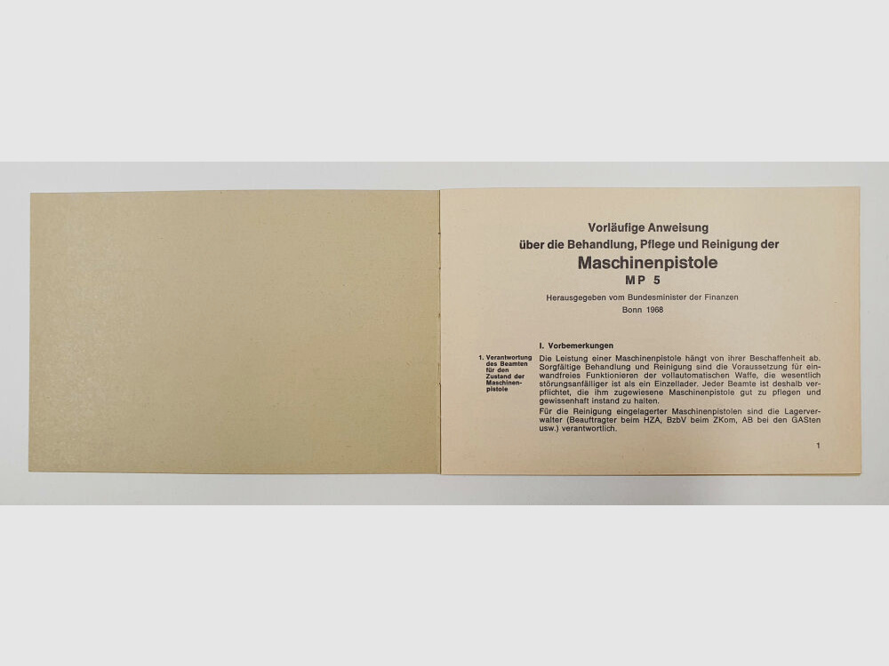Heckler & Koch Instruction HK MP5 Treatment Care Cleaning Federal Ministry of Finance BMF / CUSTOMS Bonn 1968
