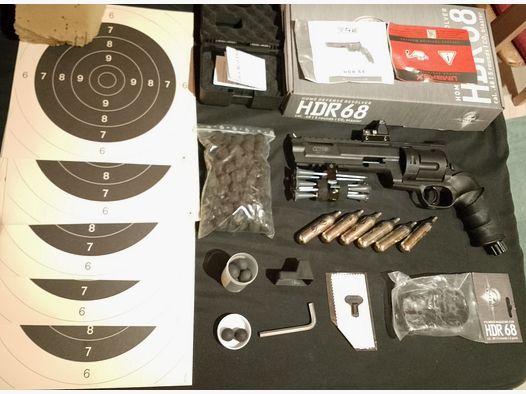 Neuwertiger HDR68 Markierer Gen1 T4E Cal .68 Nägel keine Pfeile Geschosshalter Nagelgeschosse Set Red DOT Visier 2 extra Magazin Trommel Rubberballs Zielscheiben CO2 Kapseln 
