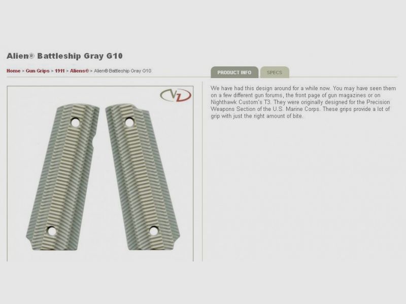 VZ Chwyty do 1911 Alien Battleship Grey Full Size z Rowkiem na Kciuk