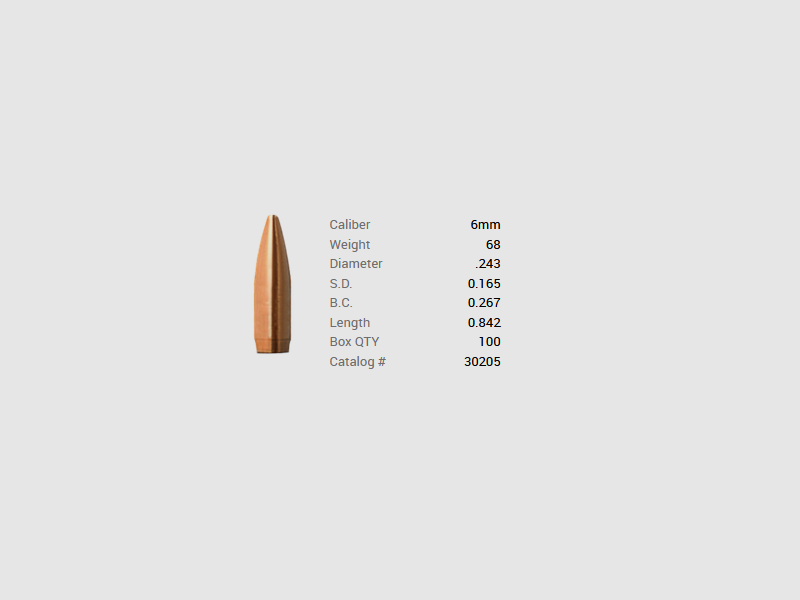 Barnes Geschoss 6mm/.243 68GR Match Burners FB 100 Stück, Bild 1 von 2