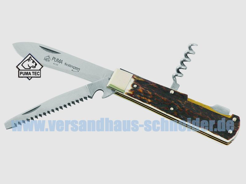 Puma TEC Jagd-Taschenmesser, 3-tlg, Stahl 1.4110, Hirschhorn, Neusilberbacken