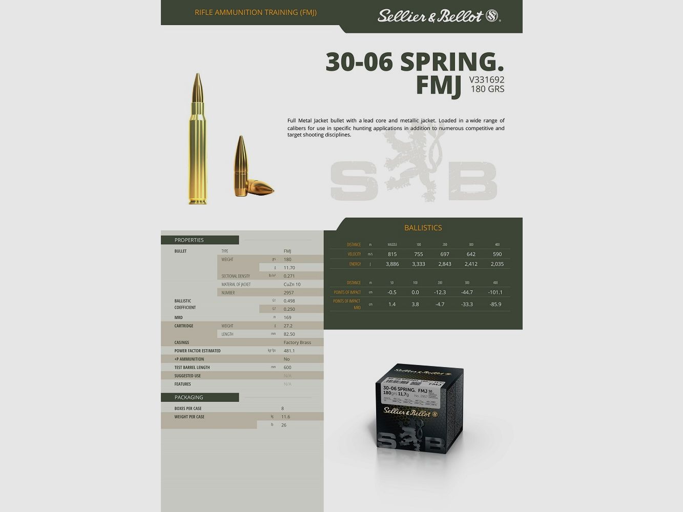Munition Sellier & Bellot Kal. 30-06 180 grains FMJ (Schachtel mit 50), Bild 2 von 2
