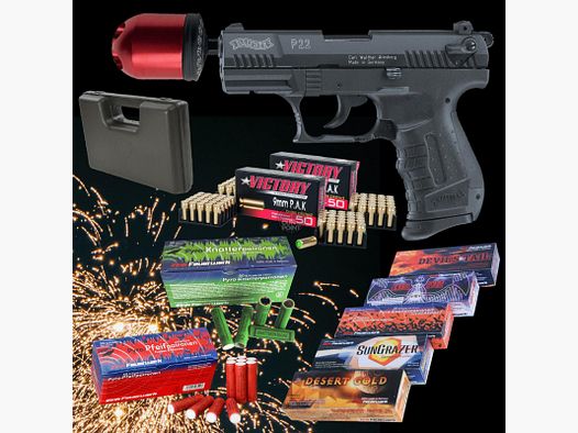 ALL IN ONE MEGASET !!! Schreckschuss - Pistole - Walther P22 - 9 mm P.A.K. inkl. Koffer, Multi Abschussbecher, 100 Platzpatronen & 202 Schuss Effektmunition