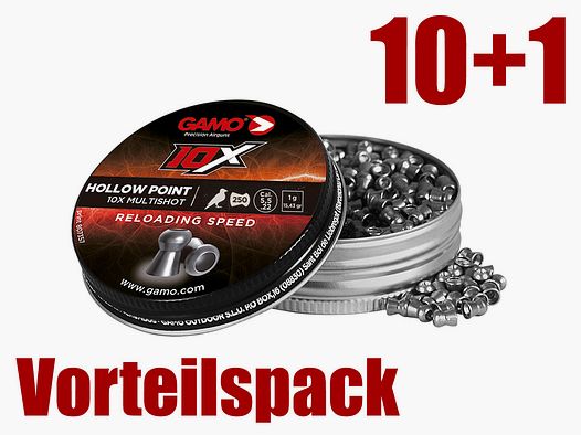 Vorteilspack 10+1 Hohlspitz Diabolos Gamo 10X Hollow Point Kaliber 5,5 mm 1,0 g glatt 11 x 250 StĂĽck