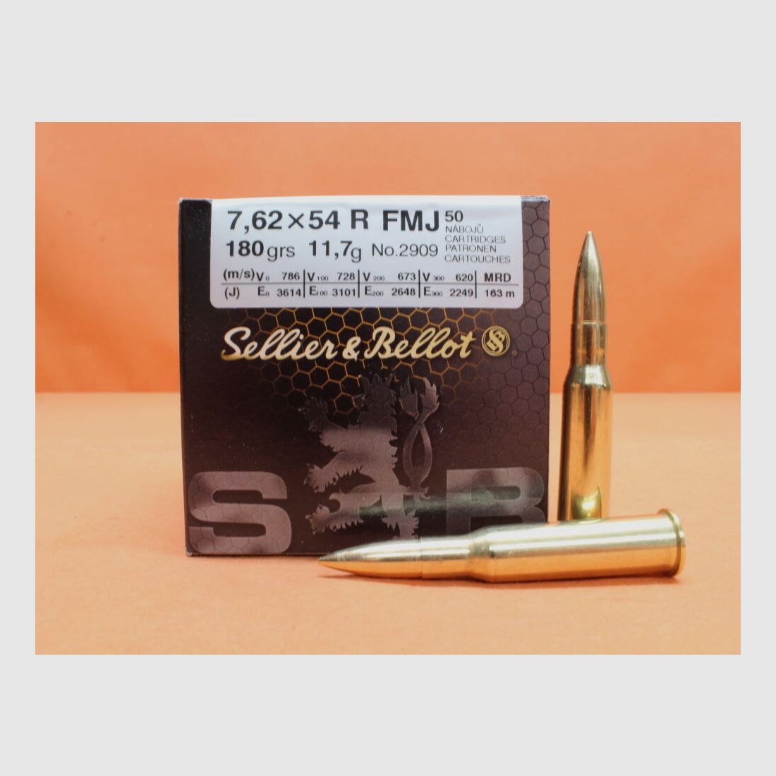 S&B Sellier & Bellot cartridges 7.62x54R S&B/ Sellier&Bellot 180grs FMJ (2909/2) box of 50 cartridges/ 11.7g full metal jacket
