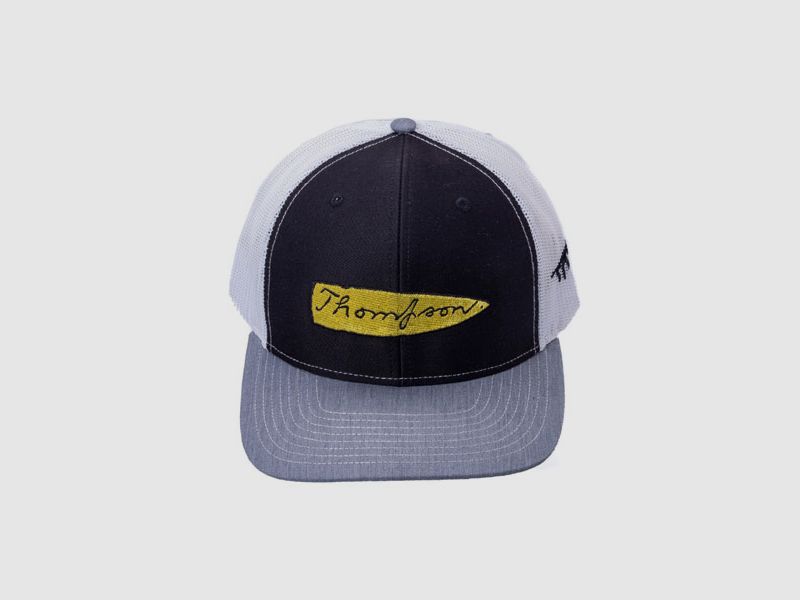 Gorra negra/blanca con logo de Thompson amarillo