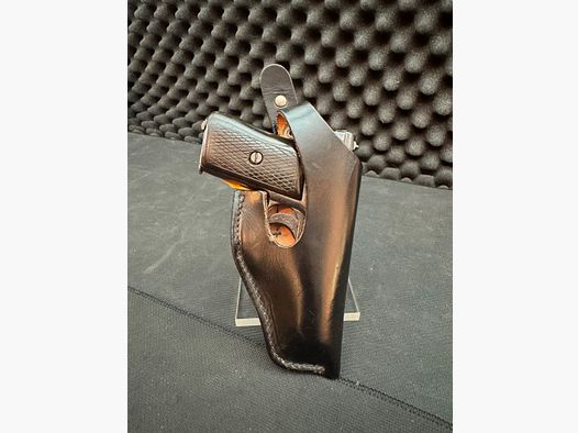 Holster de cinturón con clip, como DBGM, cuero liso negro, brillante, adecuado para pistolas de preguerra 6,35mm