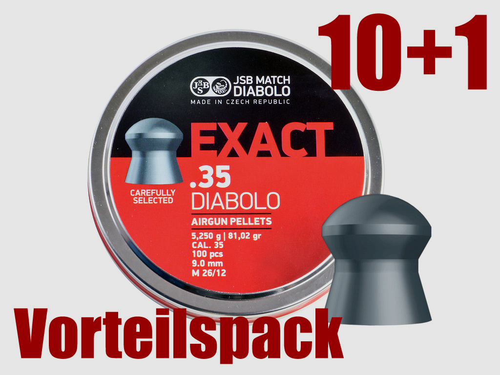 10+1 GRATIS - Diabolo JSB Exact .35, Field Target, Rundkopf, glatt, 5,25 g, Kaliber 9,0 mm, 11x 100 StĂĽck