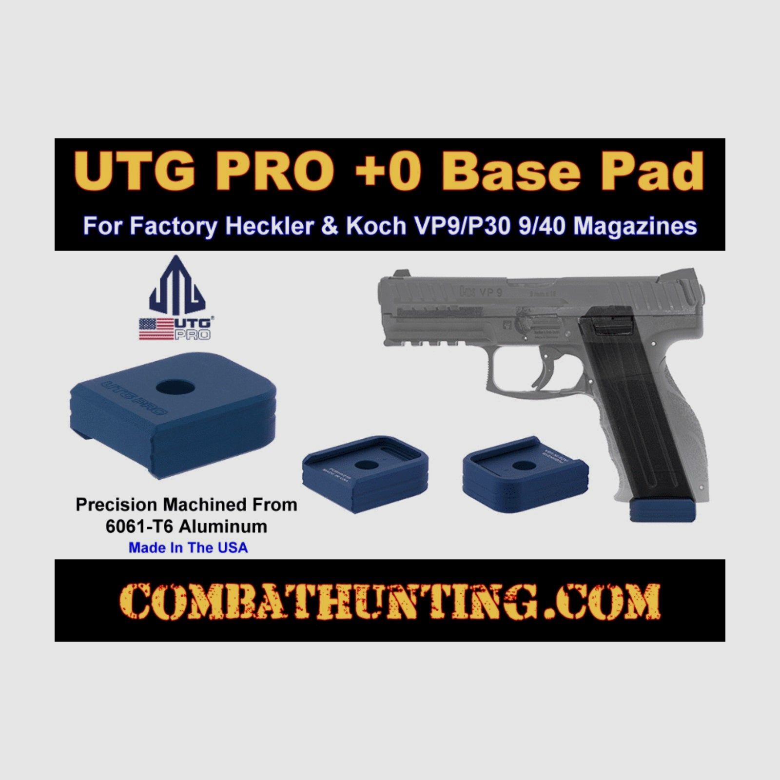 UTG PRO +0 Base Pad, HK VP9/P30 9/40, Matte Blue Aluminum