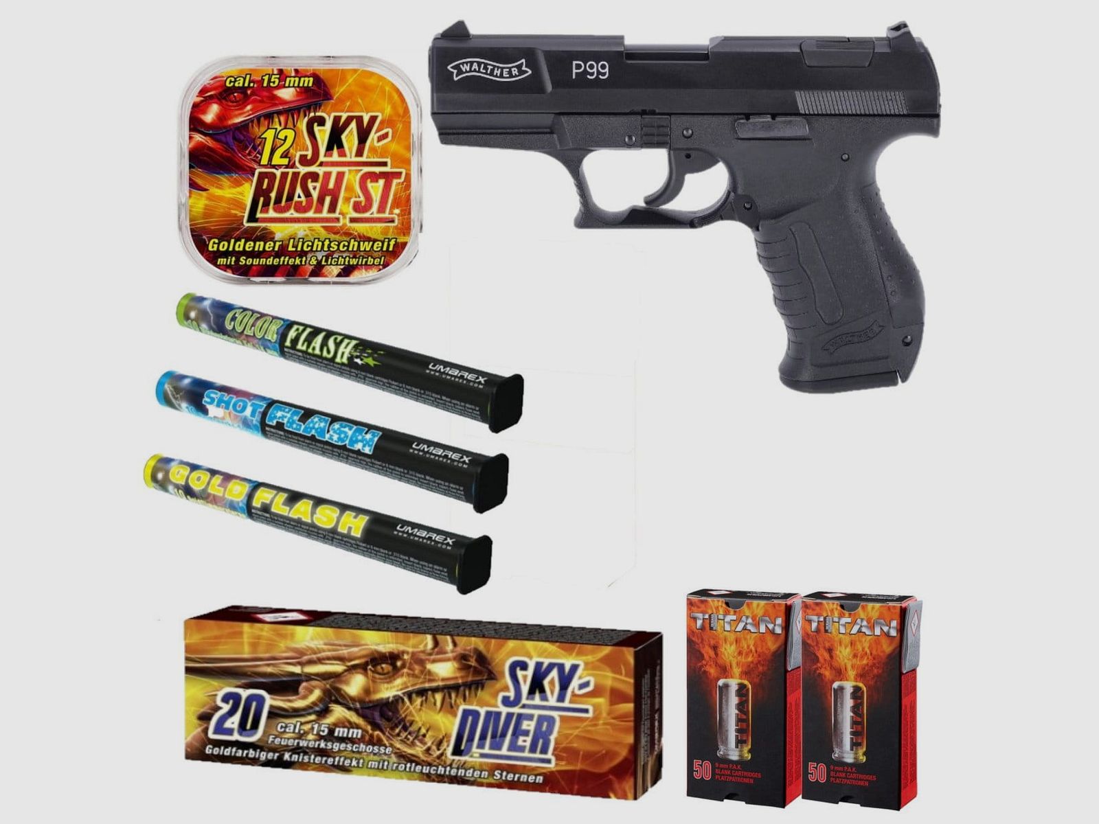 Feuerwerk Silvester Paket Walther P99 Schreckschuss Pistole 9 mm P.A.K. schwarz