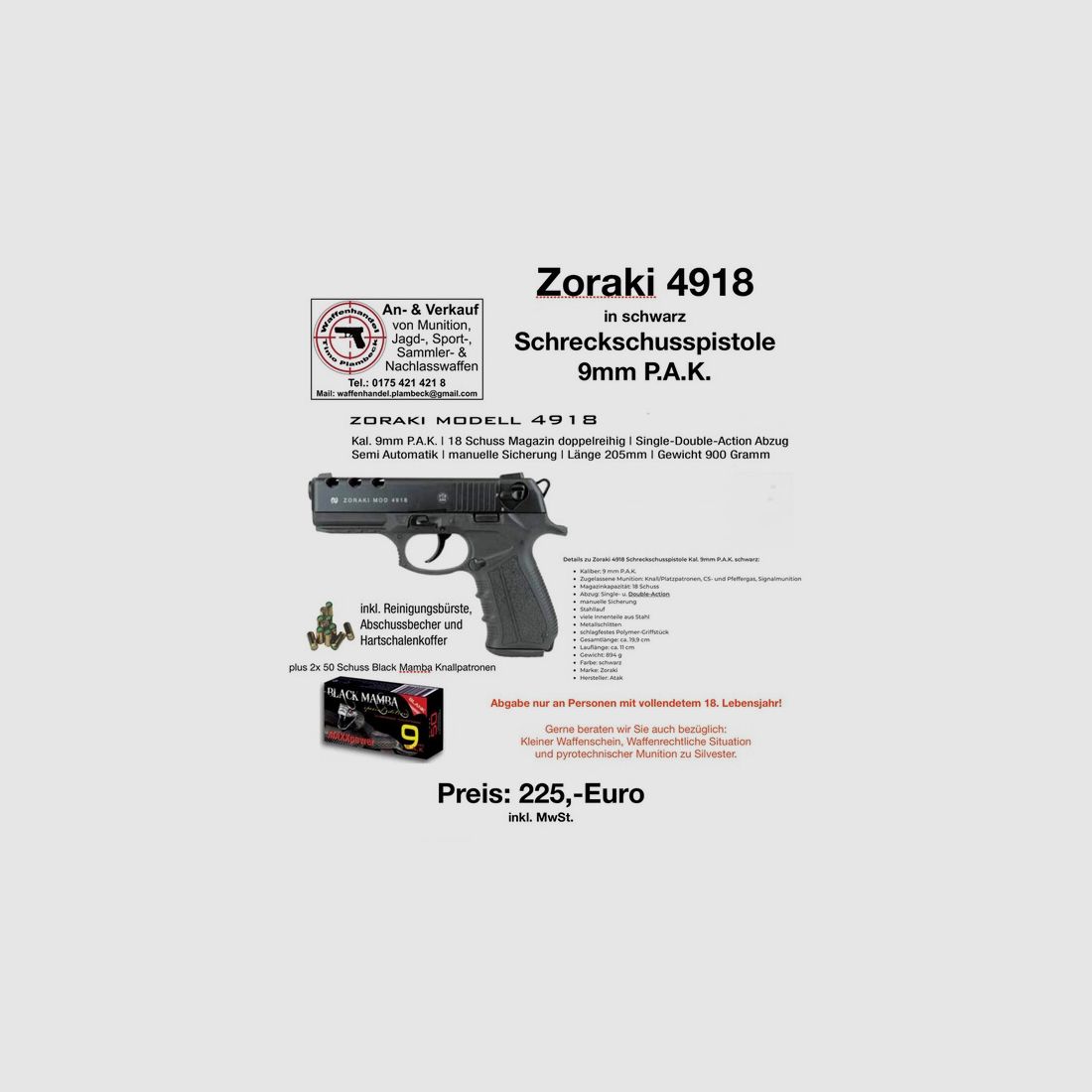 ZORAKI Modell 4918  im Kaliber 9mm P.A.K.   mit 100 Schuss Black Mamba Knallpatronen